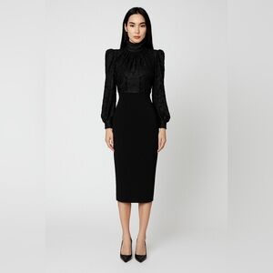 Badgley Mischka Mock Neck Midi Sheath Dress NWT Black Gold Long Sleeve Zip Sz 4